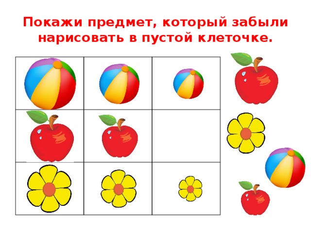 Покажи предмет, который забыли нарисовать в пустой клеточке. 