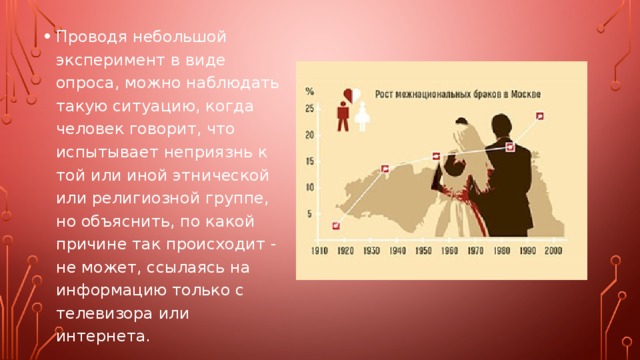 Проводя небольшой эксперимент в виде опроса, можно наблюдать такую ситуацию, когда человек говорит, что испытывает неприязнь к той или иной этнической или религиозной группе, но объяснить, по какой причине так происходит - не может, ссылаясь на информацию только с телевизора или интернета. 
