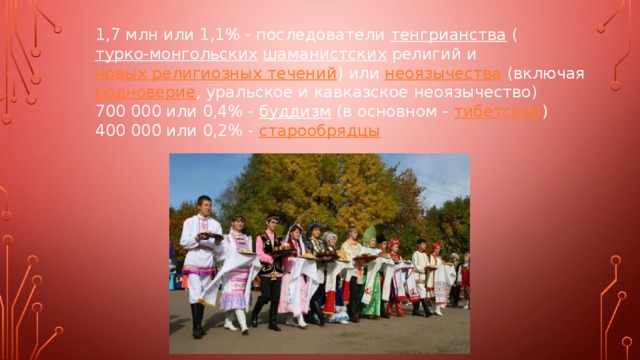 1,7 млн или 1,1% - последователи тенгрианства ( турко-монгольских  шаманистских религий и новых религиозных течений ) или неоязычества (включая родноверие , уральское и кавказское неоязычество) 700 000 или 0,4% - буддизм (в основном - тибетский ) 400 000 или 0,2% - старообрядцы 