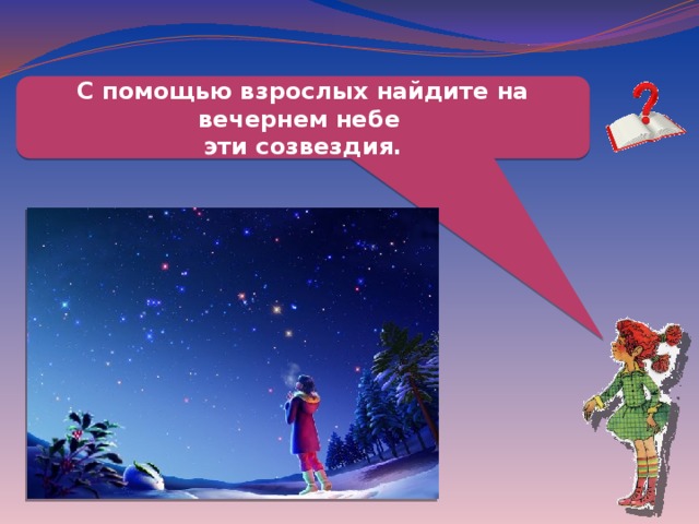 С помощью взрослых найдите на вечернем небе эти созвездия. 
