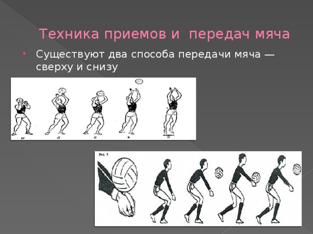 Техника приемов и передач мяча Существуют два способа передачи мяча — сверху и снизу 