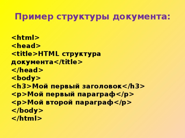 Пример структуры документа:       HTML структура документа      Мой первый заголовок  Мой первый параграф  Мой второй параграф     