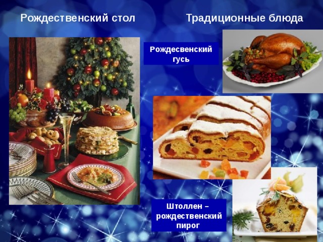 Рождественский стол  Традиционные блюда Рождесвенский гусь Штоллен – рождественский пирог 
