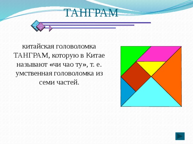 ТАНГРАМ китайская головоломка ТАНГРАМ, которую в Китае называют «чи чао ту», т. е. умственная головоломка из семи частей. 