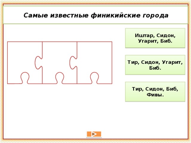  Самые известные финикийские города Иштар, Сидон, Угарит, Биб. Тир, Сидон, Угарит, Биб. Тир, Сидон, Биб, Фивы. 