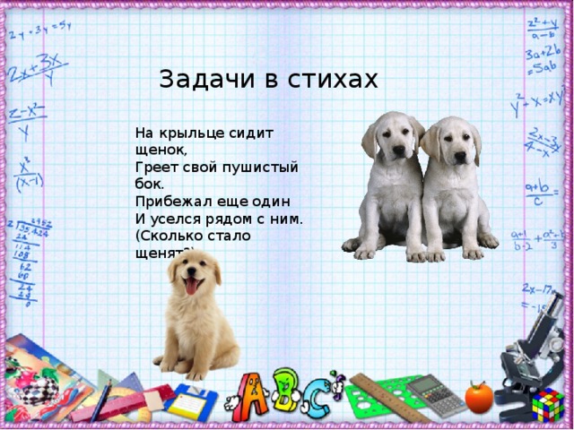 Задачи в стихах На крыльце сидит щенок,  Греет свой пушистый бок.  Прибежал еще один  И уселся рядом с ним.  (Сколько стало щенят?) 