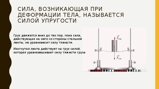 Сила, возникающая при деформации тела, называется силой упругости Груз движется вниз до тех пор, пока сила, действующая на него со стороны стальной ленты, не уравновесит силу тяжести. Изогнутая лента действует на груз силой, которая уравновешивает силу тяжести груза 