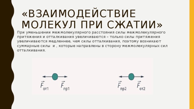 «Взаимодействие молекул при сжатии» При уменьшении межмолекулярного расстояния силы межмолекулярного притяжения и отталкивания увеличиваются – только силы притяжения увеличиваются медленнее, чем силы отталкивания, поэтому возникают суммарные силы и , которые направлены в сторону межмолекулярных сил отталкивания. 