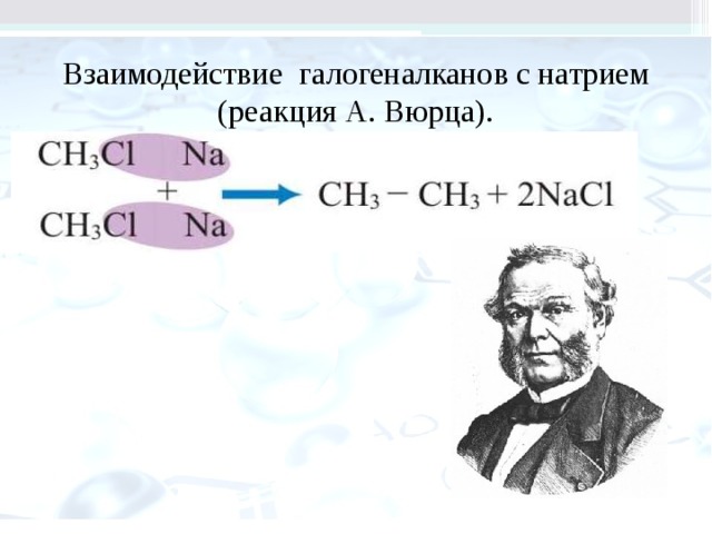 Взаимодействие галогеналканов с натрием (реакция А. Вюрца). 
