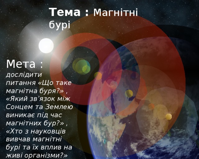 Тема : Магнітні бурі Мета : дослідити питання «Що таке магнітна буря?» , «Який зв’язок між Сонцем та Землею виникає під час магнітних бур?» , «Хто з науковців вивчав магнітні бурі та їх вплив на живі організми?» 