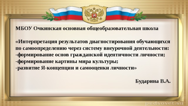    МБОУ Очкинская основная общеобразовательная школа   «Интерпретация результатов диагностирования обучающихся по самоопределению через систему внеурочной деятельности:  -формирование основ гражданской идентичности личности;  -формирование картины мира культуры;  -развитие Я-концепции и самооценки личности»   Бударина В.А. 