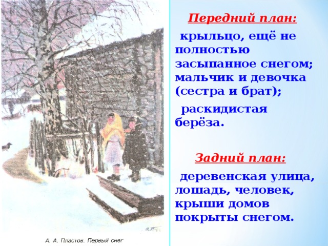  Передний план:   крыльцо, ещё не полностью засыпанное снегом; мальчик и девочка (сестра и брат);  раскидистая берёза.  Задний план:   деревенская улица, лошадь, человек, крыши домов покрыты снегом. 