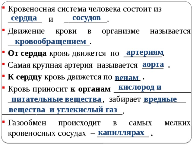 Кровеносная система человека состоит из ________ и __________. Движение крови в организме называется ___________________. От сердца кровь движется по _________ . Самая крупная артерия называется _____ . К сердцу кровь движется по  ______ . Кровь приносит к органам __________________ ______________________,  забирает __________ ____________________________. Газообмен происходит в самых мелких кровеносных сосудах –  ____________ . сердца сосудов кровообращением  артериям  аорта венам кислород и вредные  питательные вещества вещества и углекислый газ капиллярах 