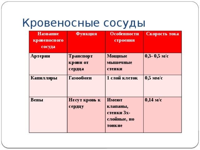 Кровеносные сосуды Название кровеносного сосуда Функция Артерии Особенности строения Транспорт крови от сердца Капилляры Вены Скорость тока Мощные мышечные стенки Газообмен Несут кровь к сердцу 0,3- 0,5 м/с 1 слой клеток 0,5 мм/с Имеют клапаны, стенки 3х-слойные, но тонкие 0,14 м/с 