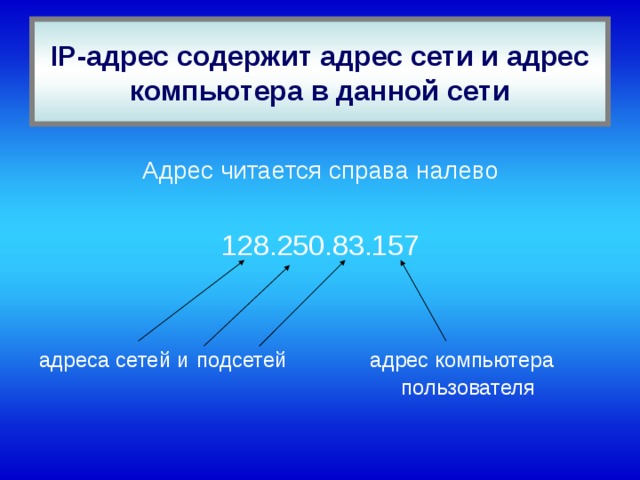 IP-адрес – это уникальный числовой адрес компьютера в сети, который имеет длину 32 бита и записывается в виде четырех частей по 8 бит каждая. Общее количество различных IP – адресов : N = 2 = 4 294 967 296 