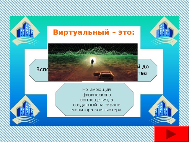 Виртуальный – это: Доведенный до совершенства Вспомогательный Не имеющий физического воплощения, а созданный на экране монитора компьютера 