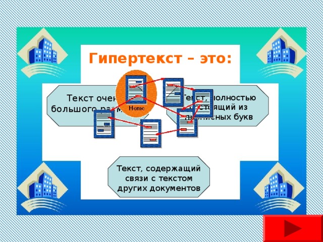 Гипертекст – это: Текст очень большого размера Текст, полностью состоящий из прописных букв Текст, содержащий связи с текстом других документов 