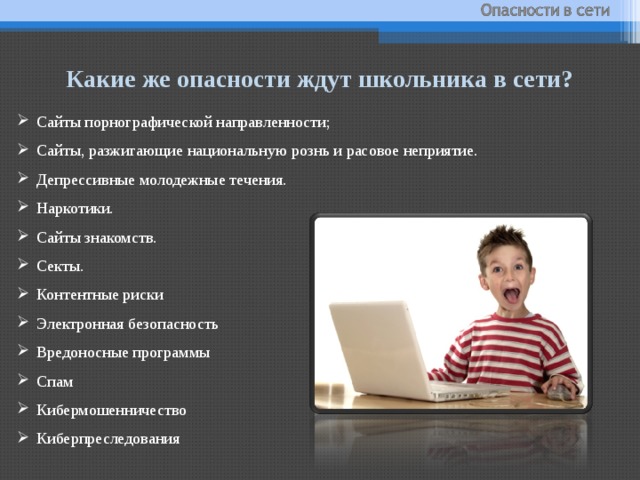Какие же опасности ждут школьника в сети? Сайты порнографической направленности; Сайты, разжигающие национальную рознь и расовое неприятие. Депрессивные молодежные течения. Наркотики. Сайты знакомств. Секты. Контентные риски Электронная безопасность Вредоносные программы Спам Кибермошенничество Киберпреследования 