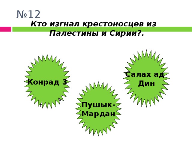 № 12 Кто изгнал крестоносцев из Палестины и Сирии?. Салах ад Дин Конрад 3 Пушык- Мардан Молодец!!! Плохой результат! Я такого не  ожидал!!! 