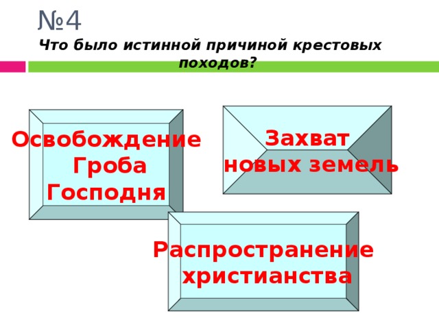 № 4 Что было истинной причиной крестовых походов? Захват  новых земель Освобождение  Гроба Господня Молодец!!! Забодаю!!! Распространение  христианства Забодаю!!! 