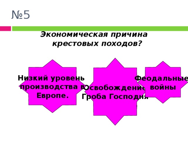 № 5 Экономическая причина крестовых походов? Освобождение Гроба Господня Низкий уровень производства в Европе. Феодальные войны Ой-ой-ой!!! Отлично!!! Ой-ой-ой!!! 
