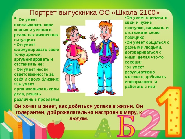 Портрет выпускника ОС «Школа 2100»  Он умеет использовать свои знания и умения в реальных жизненных ситуациях;  Он умеет формулировать свою точку зрения, аргументировать и отстаивать ее;  Он умеет нести ответственность за себя и своих близких; Он умеет организовывать свои дела, решать различные  проблемы;   Он умеет оценивать свои и чужие поступки, занимать и отстаивать свою позицию; Он умеет общаться с разными людьми, договариваться с ними, делая что-то сообща; он умеет результативно мыслить, добывать информацию и работать с ней;   Он хочет и знает, как добиться успеха в жизни. Он толерантен, доброжелательно настроен к миру, к людям. 