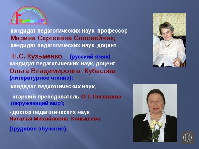 кандидат педагогических наук, профессор Марина Сергеевна Соловейчик; кандидат педагогических наук, доцент  Н.С. Кузьменко  (русский язык) кандидат педагогических наук, доцент  Ольга Владимировна Кубасова  (литературное чтение); кандидат педагогических наук,  старший преподаватель О.Т. Поглазова  (окружающий мир); • доктор педагогических наук Наталья Михайловна Конышева  (трудовое обучение). 