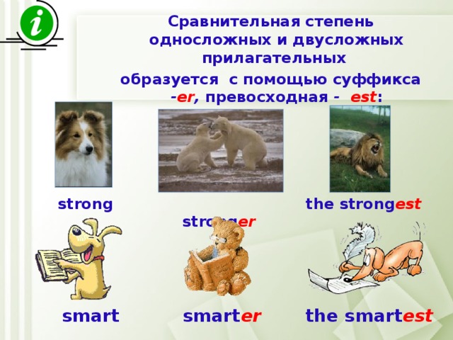 Сравнительная степень односложных и двусложных прилагательных образуется с помощью суффикса - er , превосходная - est :   strong er the  strong est strong smart smart er the  smart est 