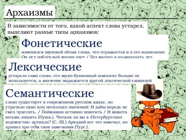 Архаизмы В зависимости от того, какой аспект слова устарел, выделяют разные типы архаизмов: Фонетические изменился звуковой облик слова, что отражается и в его написании: Он пел поблеклый жизни цвет / Без малого в осьмнадцать лет. Лексические  устарело само слово, его звуко-буквенный комплекс больше не используется, а значение выражается другой лексической единицей Семантические слово существует в современном русском языке, но утратило одно или несколько значений: И дабы впредь не смел чудесить, / Поймавши истинно повесить / И живота весьма лишить (Пушк.). Читали ли вы в «Петербургских ведомостях» артикль? (С.-Щ.) Аркадий все это замечал, но хранил про себя свои замечания (Тург.). 