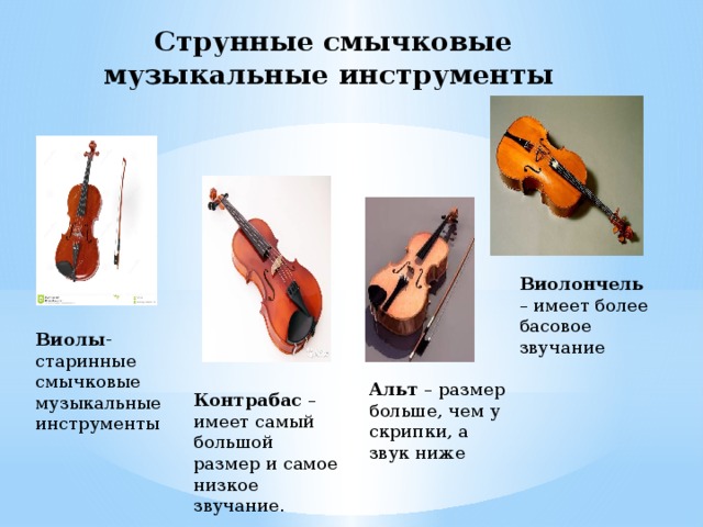 Струнные смычковые музыкальные инструменты Виолончель – имеет более басовое звучание Виолы - старинные смычковые музыкальные инструменты Альт – размер больше, чем у скрипки, а звук ниже Контрабас – имеет самый большой размер и самое низкое звучание. 