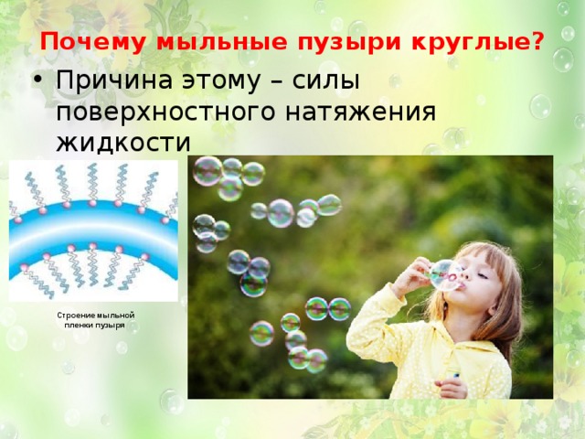Почему мыльные пузыри круглые?   Причина этому – силы поверхностного натяжения жидкости Строение мыльной пленки пузыря  