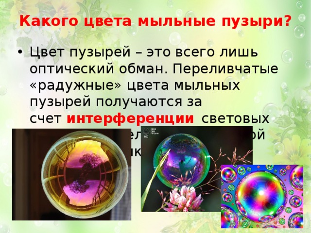 Какого цвета мыльные пузыри?   Цвет пузырей – это всего лишь оптический обман. Переливчатые «радужные» цвета мыльных пузырей получаются за счет  интерференции  световых волн и определяются толщиной мыльной пленки 