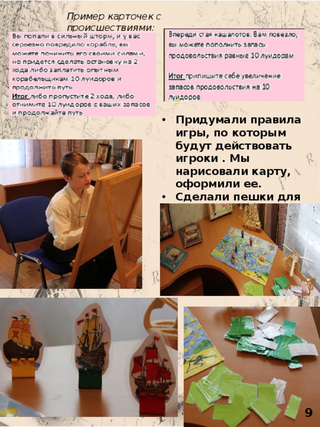 Пример карточек с происшествиями: Придумали правила игры, по которым будут действовать игроки . Мы нарисовали карту, оформили ее. Сделали пешки для команд в виде кораблей  9 