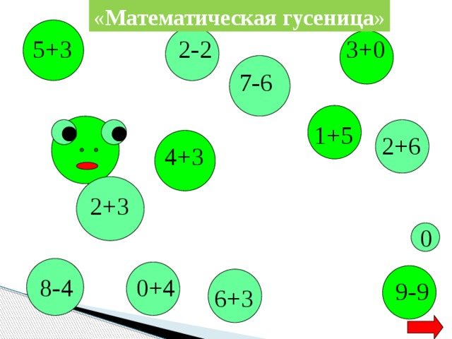 « Математическая гусеница » 3+0 2-2 5+3 7-6 1+5 2+6 4+3 2+3 0 8-4 0+4 9-9 6+3 