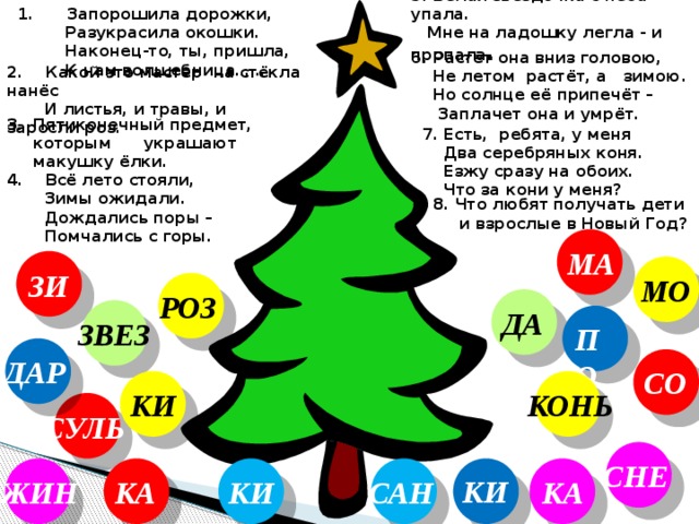 5. Белая звёздочка с неба упала.  Мне на ладошку легла - и пропала .  1. Запорошила дорожки,  Разукрасила окошки.  Наконец-то, ты, пришла,  К нам волшебница…… 6. Растёт она вниз головою,  Не летом растёт, а зимою.  Но солнце её припечёт –  Заплачет она и умрёт.  2. Какой это мастер на стёкла нанёс  И листья, и травы, и заросли роз. Пятиконечный предмет, которым украшают макушку ёлки. 7. Есть, ребята, у меня  Два серебряных коня.  Езжу сразу на обоих.  Что за кони у меня?  4. Всё лето стояли,  Зимы ожидали.  Дождались поры –  Помчались с горы. 8. Что любят получать дети  и взрослые в Новый Год? МА ЗИ МО РОЗ ДА ЗВЕЗ ПО ДАР СО КИ КОНЬ СУЛЬ СНЕ КИ КА КА ЖИН КИ САН 21 