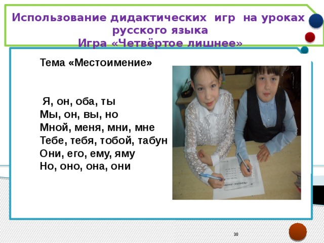 Использование дидактических игр на уроках русского языка Игра «Четвёртое лишнее»  Тема «Местоимение»   Я, он, оба, ты Мы, он, вы, но Мной, меня, мни, мне Тебе, тебя, тобой, табун Они, его, ему, яму Но, оно, она, они 21 