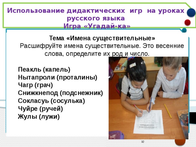 Использование дидактических игр на уроках русского языка Игра «Угадай-ка»  Тема «Имена существительные» Расшифруйте имена существительные. Это весенние слова, определите их род и число.  Пеакль (капель) Нытапроли (проталины) Чагр (грач) Снижкнепод (подснежник) Сокласуь (сосулька) Чуйре (ручей) Жулы (лужи)  21 