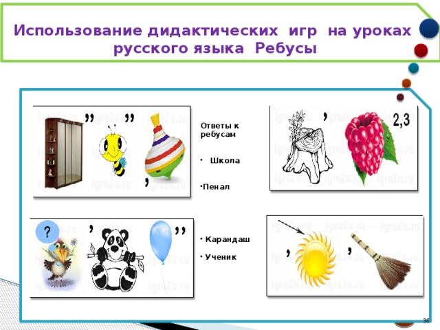 Использование дидактических игр на уроках русского языка Ребусы  Ответы к ребусам     Школа     Пенал         Карандаш     Ученик   21 