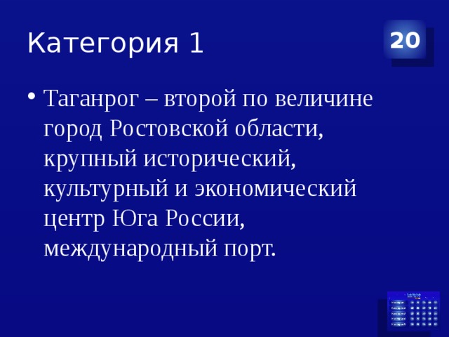 Категория 1 20 Таганрог – второй по величине город Ростовской области, крупный исторический, культурный и экономический центр Юга России, международный порт. 