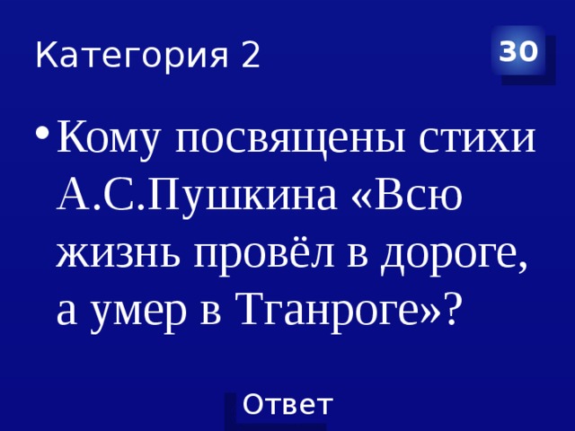 Категория 2 30 Кому посвящены стихи А.С.Пушкина «Всю жизнь провёл в дороге, а умер в Тганроге»? 