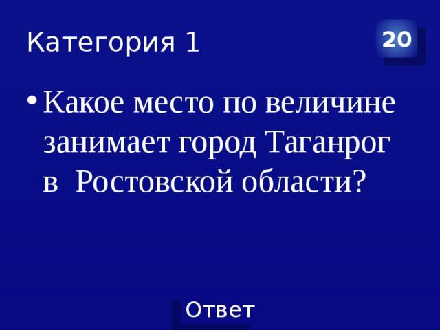 Категория 1 20 Какое место по величине занимает город Таганрог в Ростовской области? 