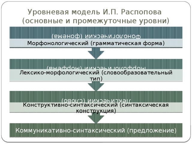 Лексический (слово) Морфологический (морфема) Фонологический (фонема) Уровневая модель И.П. Распопова  (основные и промежуточные уровни) Морфонологический (грамматическая форма) Лексико-морфологический (словообразовательный тип) Конструктивно-синтаксический (синтаксическая конструкция) Коммуникативно-синтаксический (предложение) 