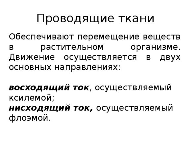 Проводящие ткани Обеспечивают перемещение веществ в растительном организме. Движение осуществляется в двух основных направлениях: восходящий ток , осуществляемый ксилемой; нисходящий ток, осуществляемый флоэмой. 