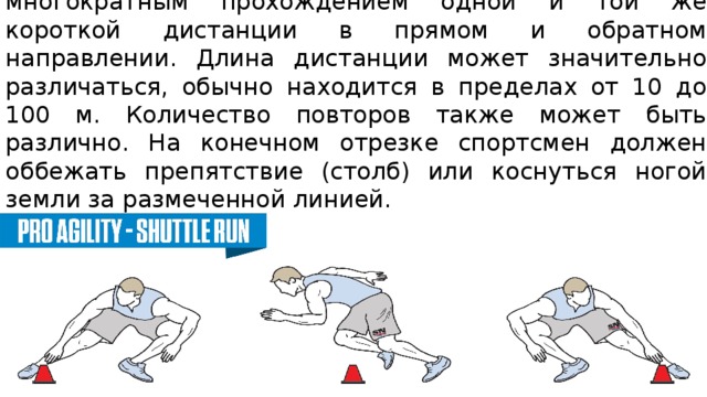 Челночный бег — вид бега, характеризующийся многократным прохождением одной и той же короткой дистанции в прямом и обратном направлении. Длина дистанции может значительно различаться, обычно находится в пределах от 10 до 100 м. Количество повторов также может быть различно. На конечном отрезке спортсмен должен оббежать препятствие (столб) или коснуться ногой земли за размеченной линией.  