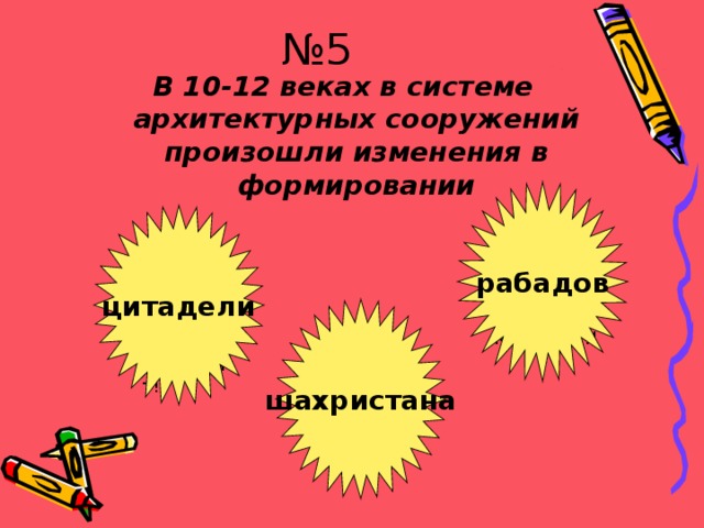 № 5 В 10-12 веках в системе архитектурных сооружений произошли изменения в формировании рабадов цитадели шахристана Молодец!!! Плохой результат! Я такого не  ожидал!!! 
