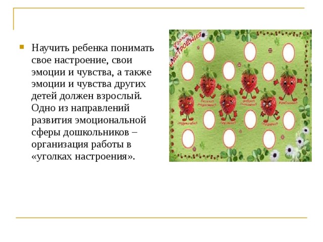 Научить ребенка понимать свое настроение, свои эмоции и чувства, а также эмоции и чувства других детей должен взрослый. Одно из направлений развития эмоциональной сферы дошкольников – организация работы в «уголках настроения». 
