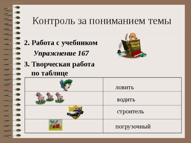 Контроль за пониманием темы 2. Работа с учебником  Упражнение 167 3. Творческая работа по таблице ловить водить строитель погрузочный 