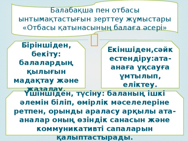 Балабақша пен отбасы ынтымақтастығын зерттеу жұмыстары «Отбасы қатынасының балаға әсері» Біріншіден, бекіту: балалардың қылығын мадақтау және жазалау. Екіншіден,сәйкестендіру:ата-анаға ұқсауға ұмтылып, еліктеу. Үшіншіден, түсіну: баланың ішкі әлемін біліп, өмірлік мәселелеріне ретпен, орынды араласу арқылы ата-аналар оның өзіндік санасын және коммуникативті сапаларын қалыптастырады. 