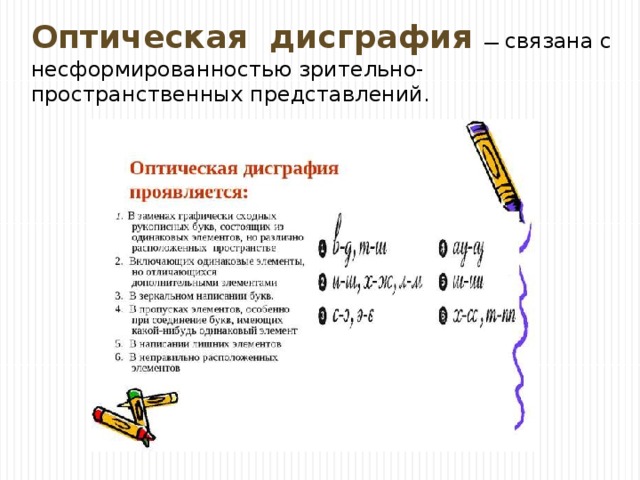 Оптическая дисграфия — связана с несформированностью зрительно-пространственных представлений. 