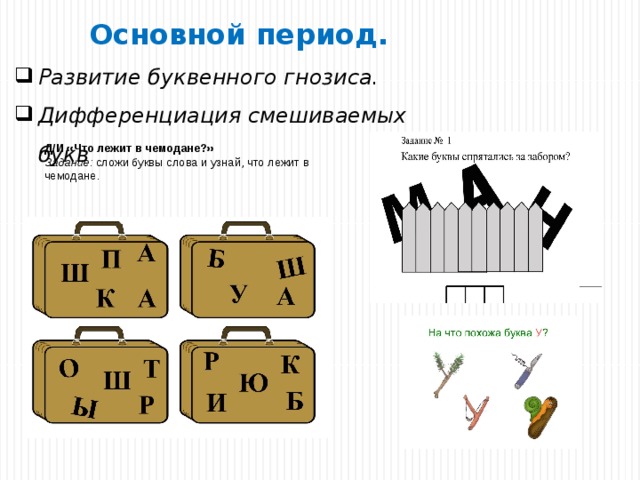 Основной период. Развитие буквенного гнозиса. Дифференциация смешиваемых букв Д/И «Что лежит в чемодане?» Задание: сложи буквы слова и узнай, что лежит в чемодане. 
